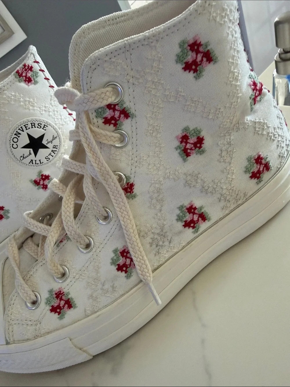 Converse White High Top Sneakers with Red Floral Embroidery